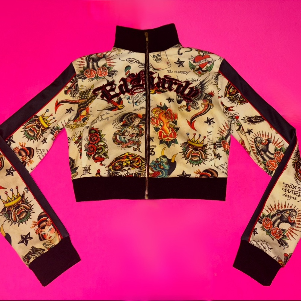 Ed Hardy Women's Tattoo Print Bomber Jacket - Cream and Black
